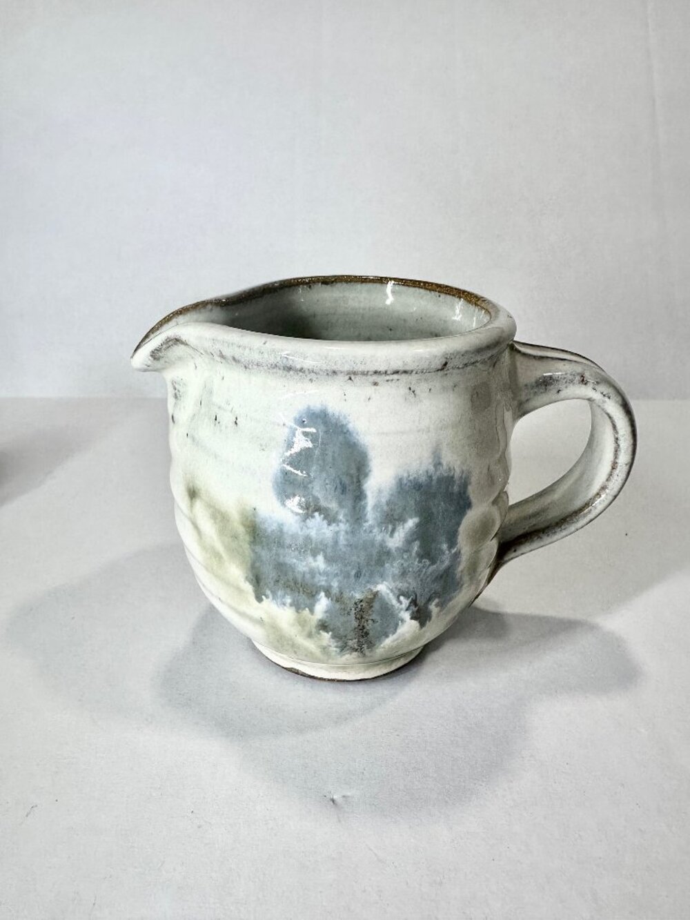 Handcrafted Studio Pottery Creamer with Handle Floral Glaze Gray Blue Green 4"